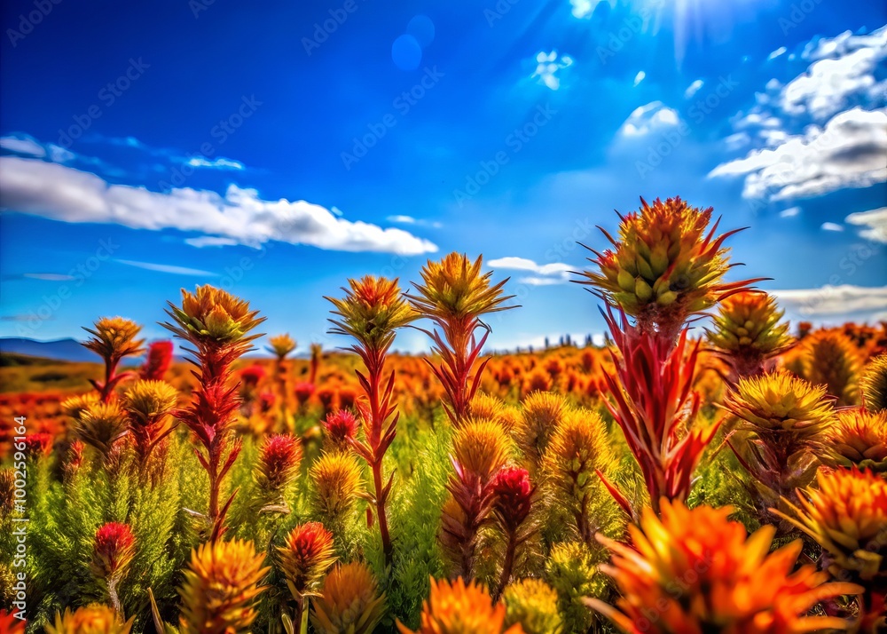 Lively, colorful loco weeds flourish wildly across a natural landscape, thriving vibrantly beneath a stunning, clear Lively, colorful loco weeds flourish wildly across a natural landscape, thriving vibrantly beneath a stunning, clear