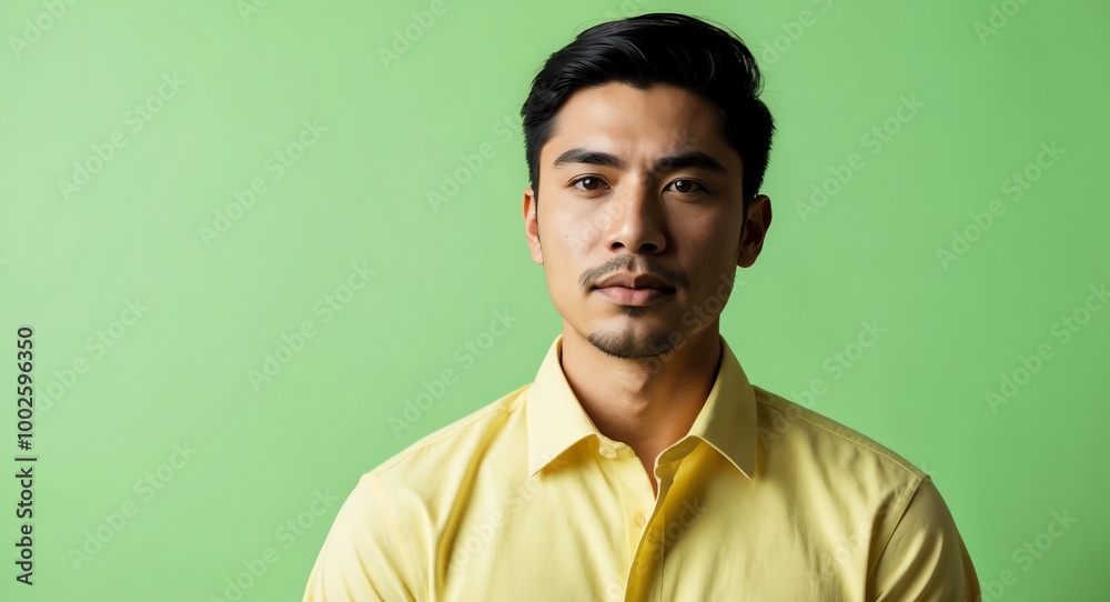 Obraz premium Calm Hispanic male model in a pale yellow shirt on a bright green background