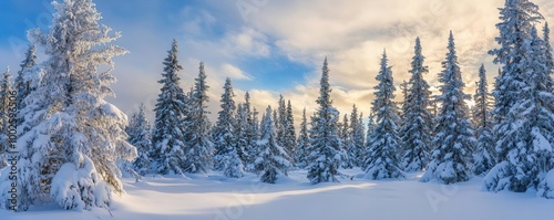 Snow-covered trees in a serene winter landscape scene.