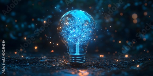 Blue glowing light bulb with a digital circuit tree inside on a dark background representing futuristic technology and AI Illuminated circuitry patterns enhance a high-tech innovative design