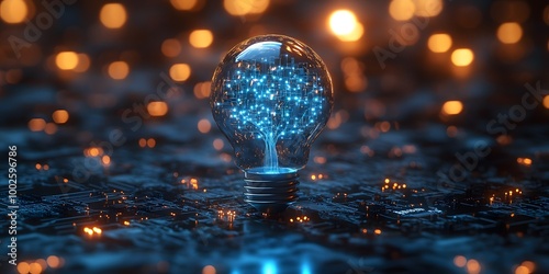 Blue glowing light bulb with a digital circuit tree inside on a dark background representing futuristic technology and AI Illuminated circuitry patterns enhance a high-tech innovative design