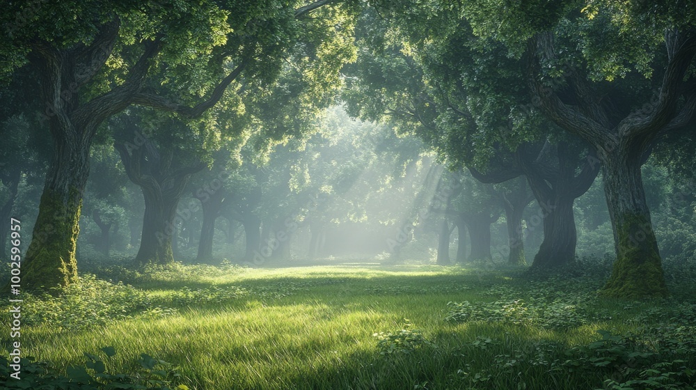 A dense forest at daybreak, shrouded in mist A dense forest at daybreak, shrouded in mist