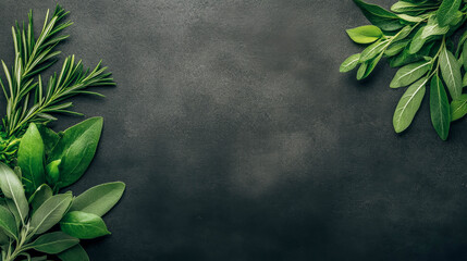 Fresh herbs and green leaves on dark chalkboard background for culinary design