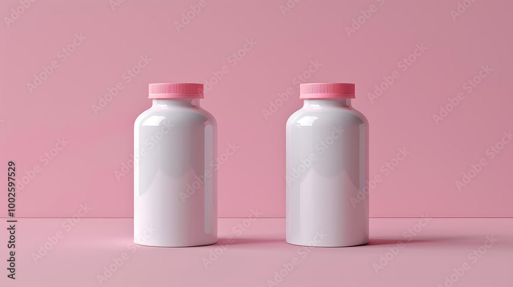Two white bottles with pink lids against a pink background. Two white bottles with pink lids against a pink background.