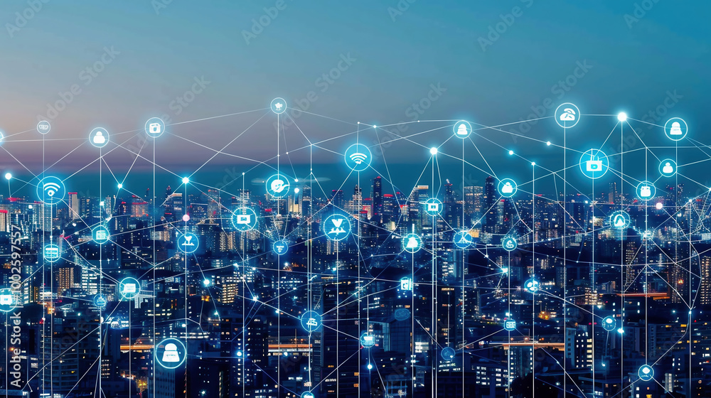 Obraz premium City skyline at dusk with digital icons representing IoT. Blue gradient background. Concept of global connectivity technology