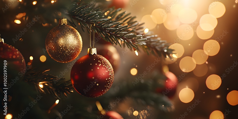 Close-up of a Christmas tree adorned with red and gold ornaments twinkling fairy lights and a festive bokeh background The scene evokes a cozy holiday atmosphere with a warm golden glow Close-up of a Christmas tree adorned with red and gold ornaments twinkling fairy lights and a festive bokeh background The scene evokes a cozy holiday atmosphere with a warm golden glow