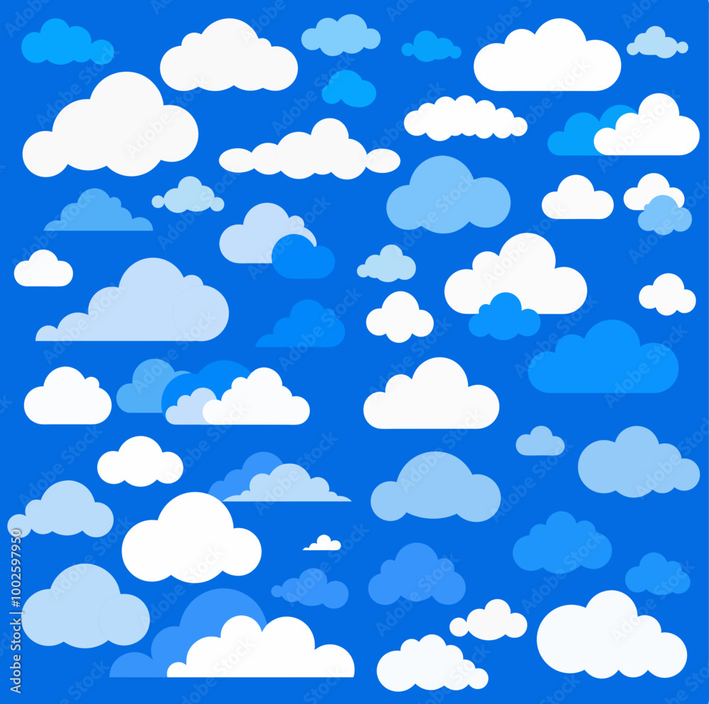 Set of clouds of different shapes and forms. Collection of clouds of medium level of details. Flat art style