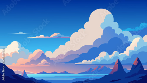 A beautiful sunset sky with fluffy orange and pink clouds and a mountains with sea in the background. The sky is filled with clouds, and the mountain is in the distance. The scene is peaceful and sere