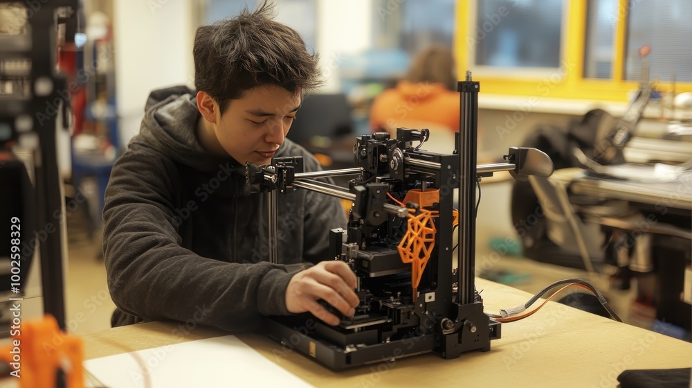 A visually impaired person operating a cutting-edge 3D printer in a design workshop, demonstrating innovation and skill. A visually impaired person operating a cutting-edge 3D printer in a design workshop, demonstrating innovation and skill.