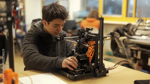 A visually impaired person operating a cutting-edge 3D printer in a design workshop, demonstrating innovation and skill.