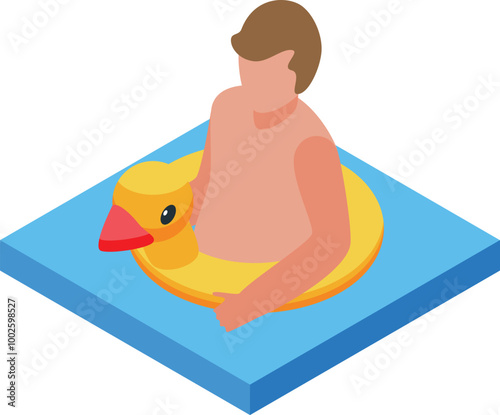 Isometric icon of a young man enjoying his time relaxing on an inflatable duck ring in a swimming pool