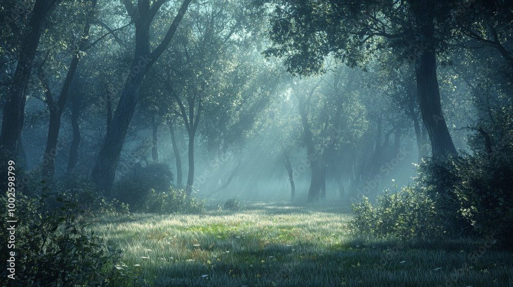 A misty forest at dawn, with soft light filtering through the foliage A misty forest at dawn, with soft light filtering through the foliage