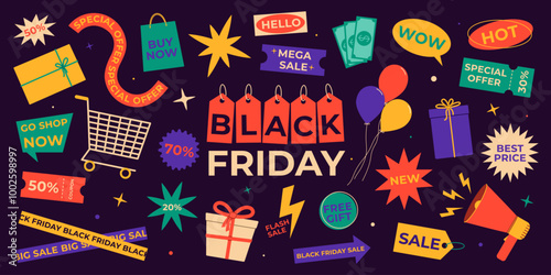 Black Friday set for promotion and sale. Flat vector illustration