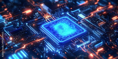 Digital security concept with a glowing blue padlock on a circuit board background Neon light trails illustrate futuristic data protection in a high-tech encrypted digital fortress