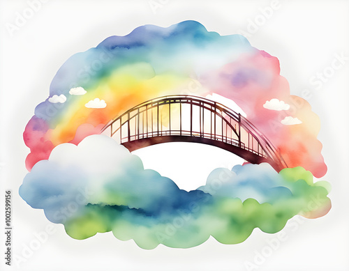 Watercolor rainbow bridge white cloud background