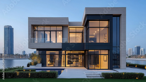 A contemporary home sits by the lake, featuring large glass windows and stylish design elements against a serene evening backdrop