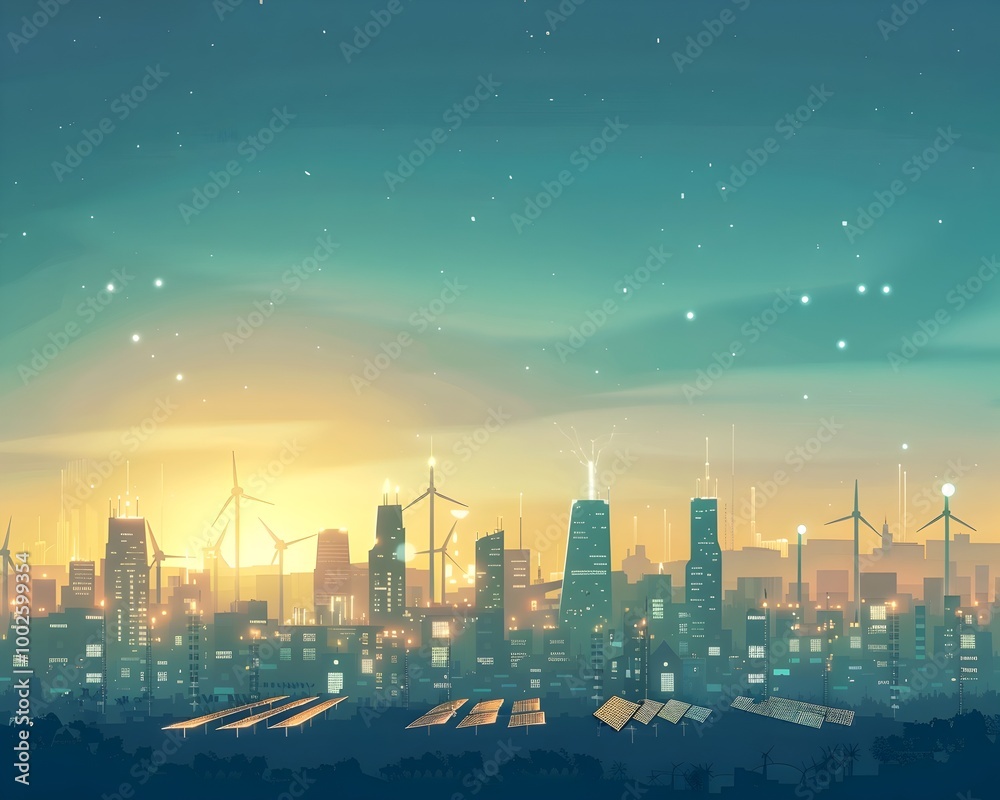 Obraz premium Futuristic City Skyline with Renewable Energy Sources at Dusk