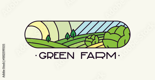 The concept of a logo for a farm, growing natural food. A flat contour emblem with a field and a sun.