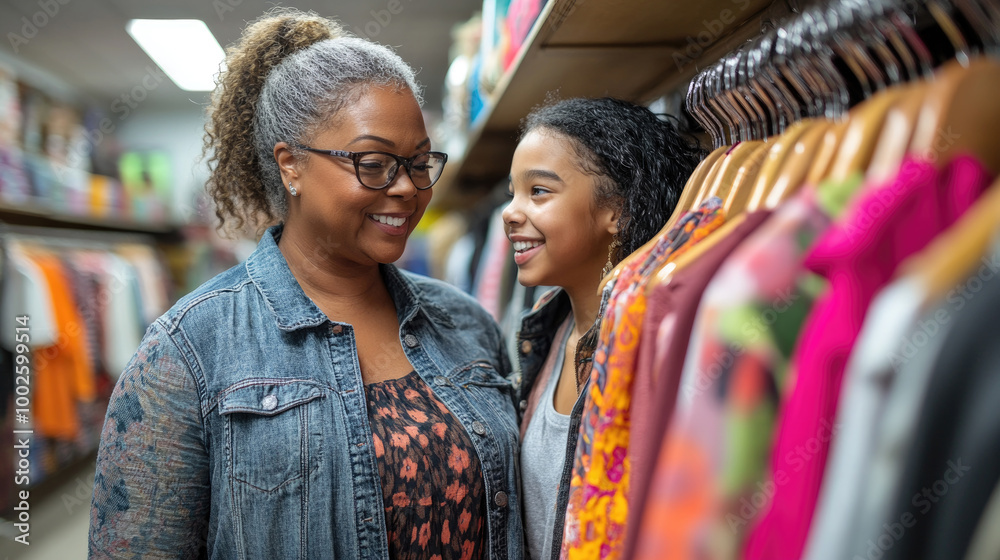 Naklejka premium A joyful moment unfolds as two women browse colorful clothing, laughing together in a cozy store filled with diverse styles