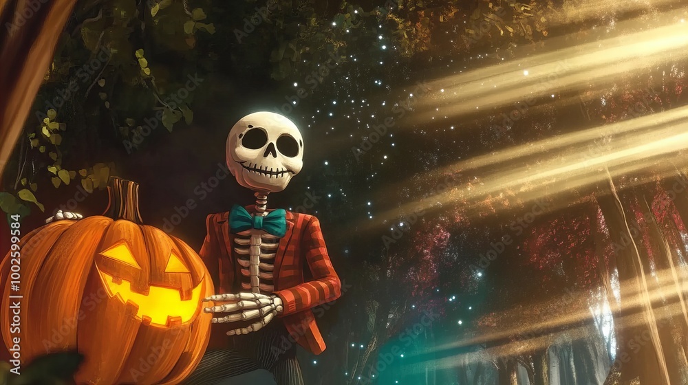 A friendly skeleton in a red and white striped jacket holds a jack-o-lantern in a spooky forest. A friendly skeleton in a red and white striped jacket holds a jack-o-lantern in a spooky forest.