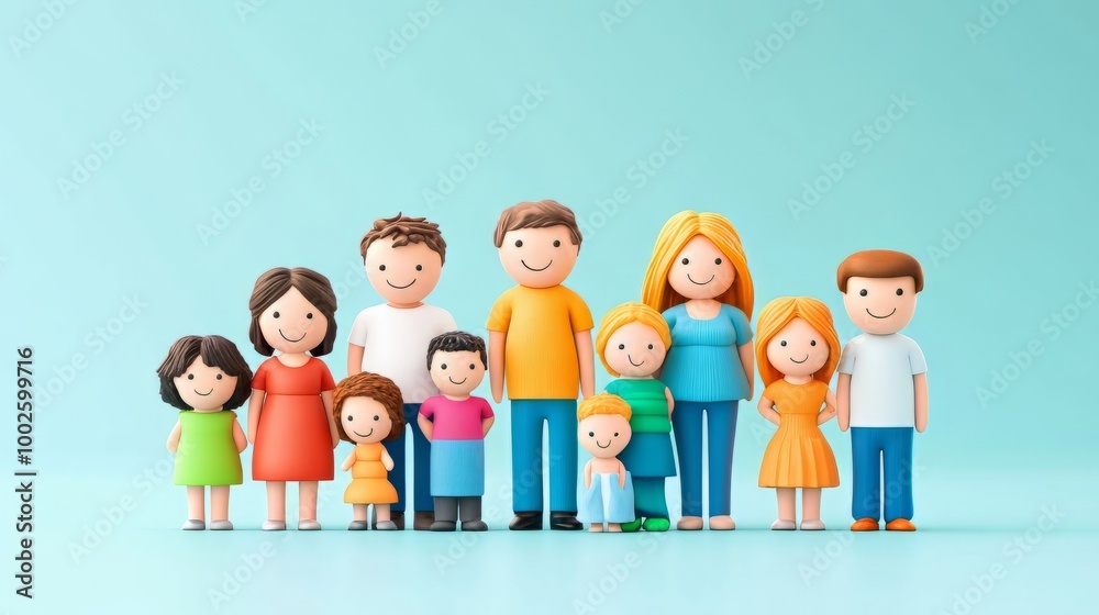 Colorful Cartoon Family of Diverse Characters in Happy Lifestyle Colorful Cartoon Family of Diverse Characters in Happy Lifestyle