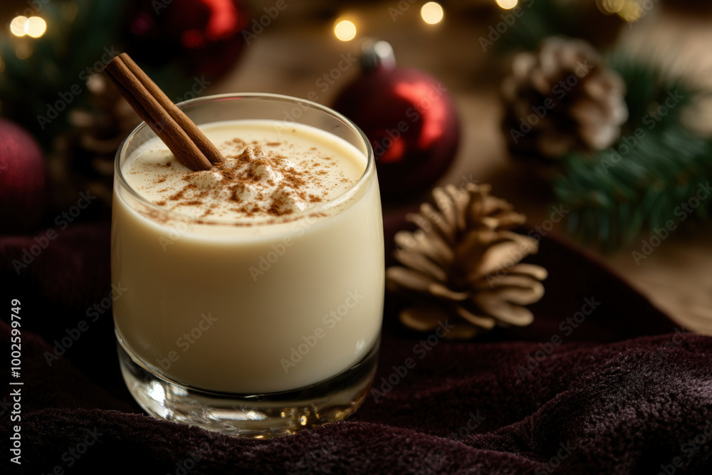 Glass of eggnog spiced with cinnamon sticks is surrounded by christmas decorations Glass of eggnog spiced with cinnamon sticks is surrounded by christmas decorations