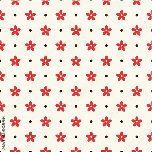 A repeating pattern of red flowers and brown dots on a light background, suitable for textiles or decorative purposes.