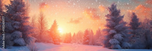 A snowy forest with trees and a sun setting in the background. The sky is pink and orange, creating a warm and peaceful atmosphere