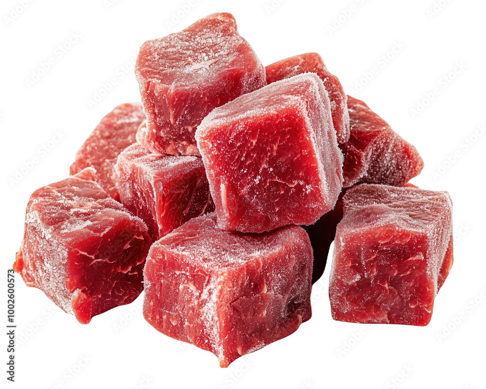 Frozen beef cubes resting on a clean white surface, ready for culinary preparation Frozen beef cubes resting on a clean white surface, ready for culinary preparation