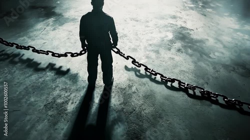 A lone figure stands in a dim room, chained to the floor, their silhouette illuminated by a single beam of light