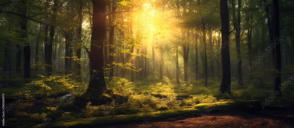 Obraz premium Sunrays Illuminating a Misty Forest