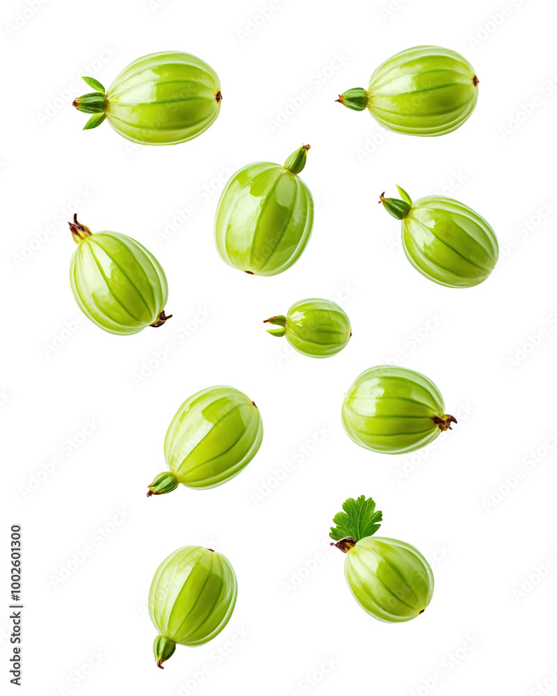 Fresh green gooseberries cascade gracefully on a pristine white surface Fresh green gooseberries cascade gracefully on a pristine white surface