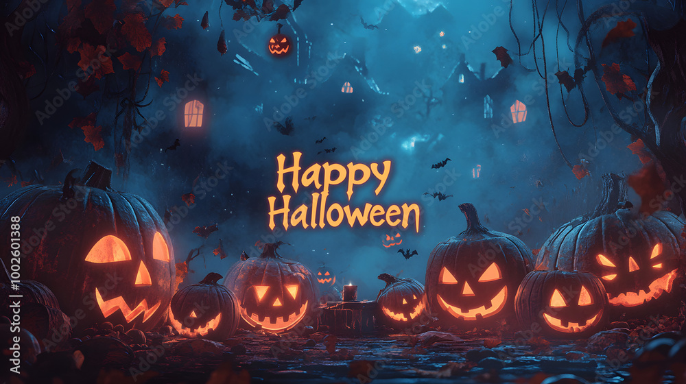 Fototapeta premium Happy Halloween illustration, simple background with pumpkins and ghosts. celebration banner for october and the creepy holidays