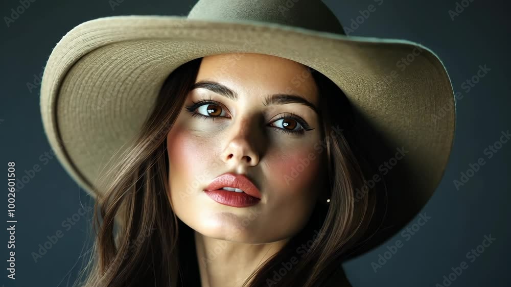 A woman with long, dark hair wears a wide-brimmed hat, her eyes looking off to the side A woman with long, dark hair wears a wide-brimmed hat, her eyes looking off to the side