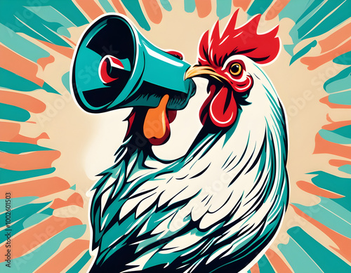 Playful image of a chicken 'shouting' into a megaphone against a vibrant teal and coral background