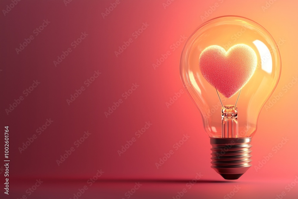 A lightbulb illuminated with a glowing heart icon, set on a soft, warm pink and red gradient background, representing love and passion-driven ideas A lightbulb illuminated with a glowing heart icon, set on a soft, warm pink and red gradient background, representing love and passion-driven ideas