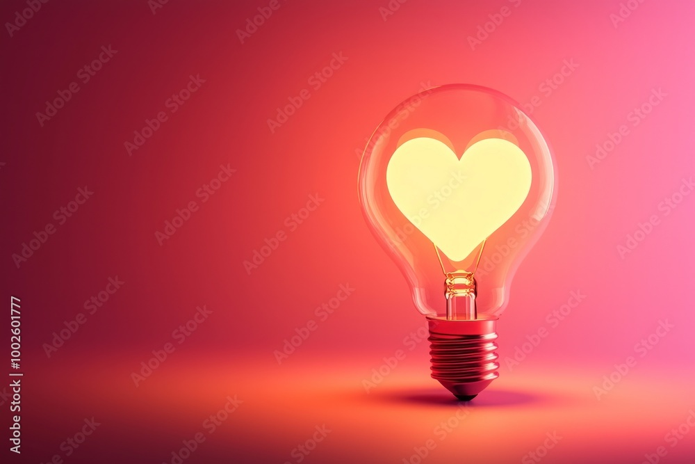 A lightbulb illuminated with a glowing heart icon, set on a soft, warm pink and red gradient background, representing love and passion-driven ideas A lightbulb illuminated with a glowing heart icon, set on a soft, warm pink and red gradient background, representing love and passion-driven ideas
