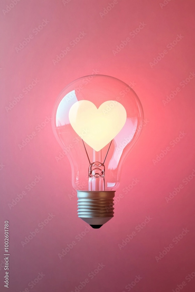 A lightbulb illuminated with a glowing heart icon, set on a soft, warm pink and red gradient background, representing love and passion-driven ideas A lightbulb illuminated with a glowing heart icon, set on a soft, warm pink and red gradient background, representing love and passion-driven ideas