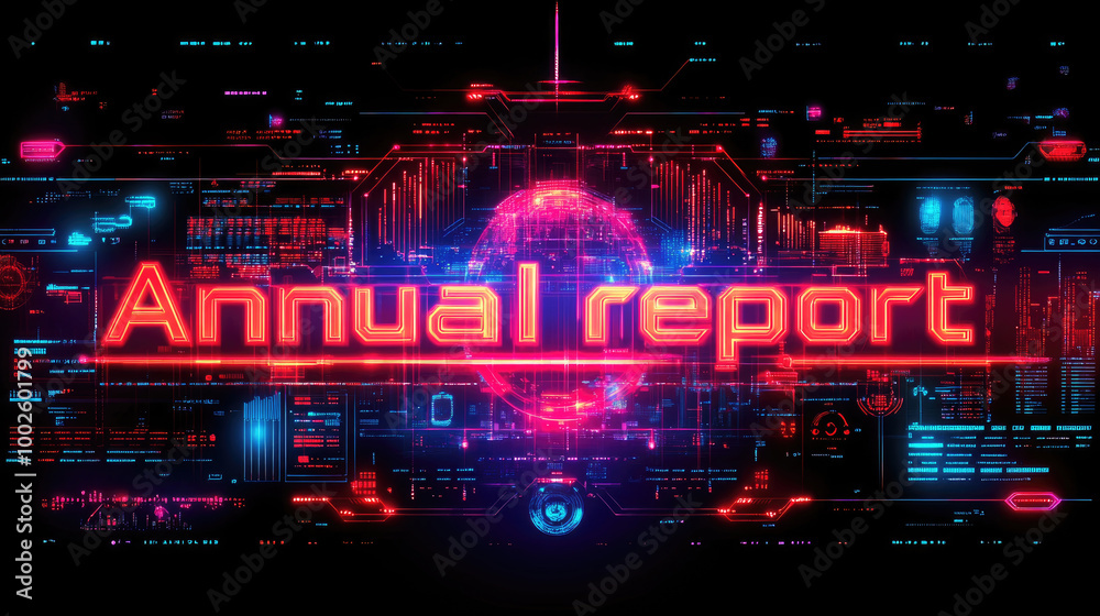 A glowing display of an annual report with colorful digital graphics, illustrating data trends in an advanced technological format