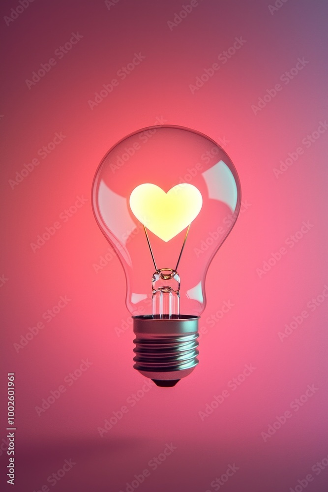 A lightbulb illuminated with a glowing heart icon, set on a soft, warm pink and red gradient background, representing love and passion-driven ideas A lightbulb illuminated with a glowing heart icon, set on a soft, warm pink and red gradient background, representing love and passion-driven ideas