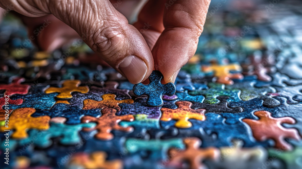 A hand lifts a vibrant puzzle piece to fit into a colorful jigsaw on a tabletop, reflecting a moment of focus and concentration A hand lifts a vibrant puzzle piece to fit into a colorful jigsaw on a tabletop, reflecting a moment of focus and concentration