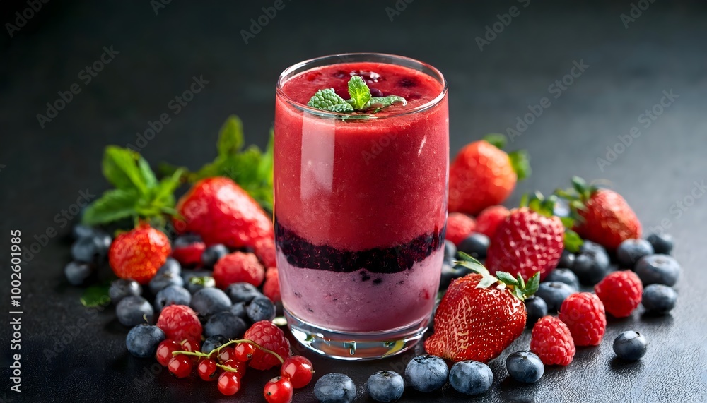 Refreshing mixed berry fruits smoothie glass with vibrant strawberry blackberry layer. Fresh healthy drink beverage breakfast meal Refreshing mixed berry fruits smoothie glass with vibrant strawberry blackberry layer. Fresh healthy drink beverage breakfast meal