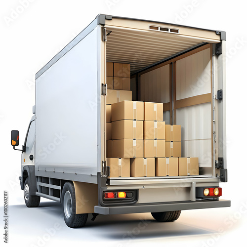 rear back view of truck full of cardboard box pack on white background