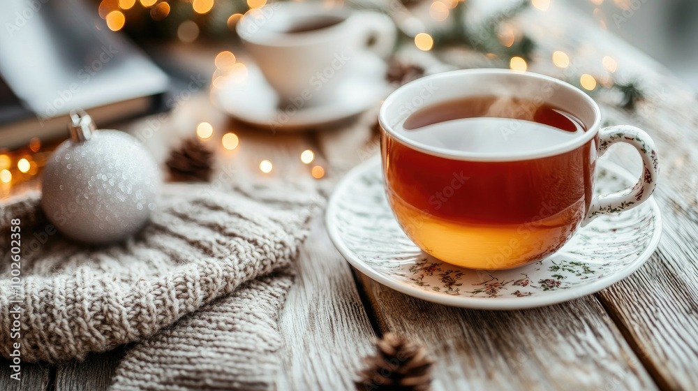 A warm cup of tea sits on a wooden table, surrounded by cozy textiles and holiday decorations, creating a tranquil winter atmosphere A warm cup of tea sits on a wooden table, surrounded by cozy textiles and holiday decorations, creating a tranquil winter atmosphere