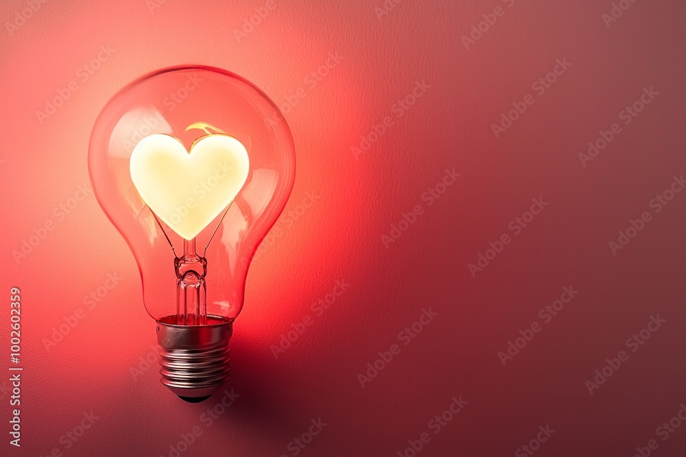 A lightbulb illuminated with a glowing heart icon, set on a soft, warm pink and red gradient background, representing love and passion-driven ideas A lightbulb illuminated with a glowing heart icon, set on a soft, warm pink and red gradient background, representing love and passion-driven ideas