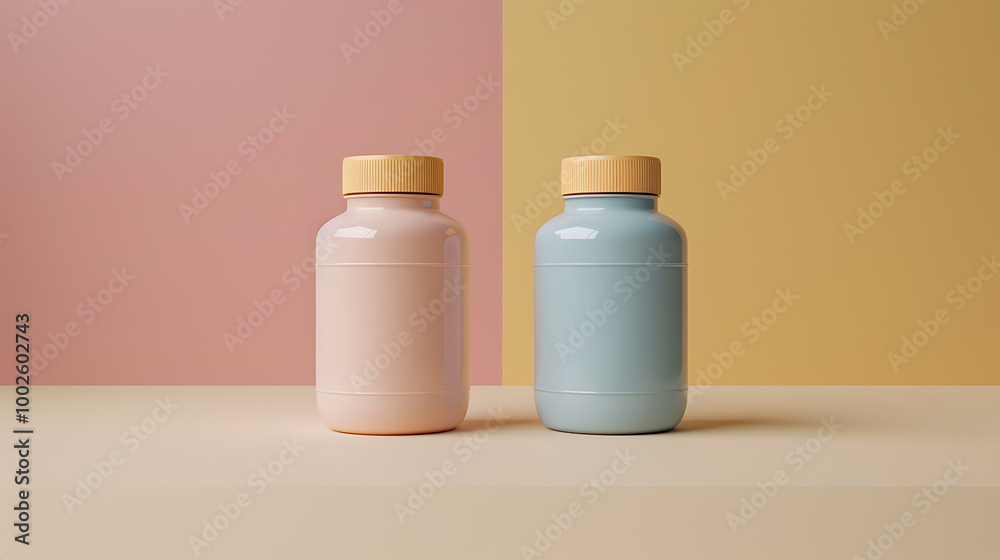 Two bottles, one pink and one blue, stand side-by-side on a cream surface with a pink and yellow background. Two bottles, one pink and one blue, stand side-by-side on a cream surface with a pink and yellow background.