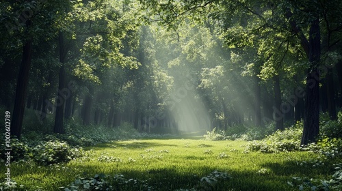 A tranquil forest scene in the early morning, with a light mist hanging in the air and soft sunlight filtering through the foliage