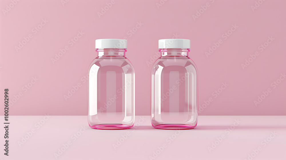 Two clear glass bottles with white lids and a pink tint, sitting on a pink surface. Two clear glass bottles with white lids and a pink tint, sitting on a pink surface.