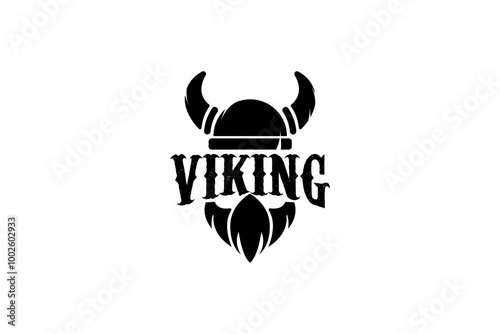 Viking logo design. Nordic warrior symbol. Horned Norseman emblem. Barbarian man head icon with horn helmet and beard.