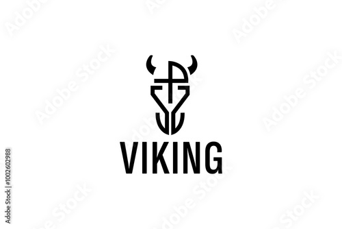 Viking logo design. Nordic warrior symbol. Horned Norseman emblem. Barbarian man head icon with horn helmet and beard.